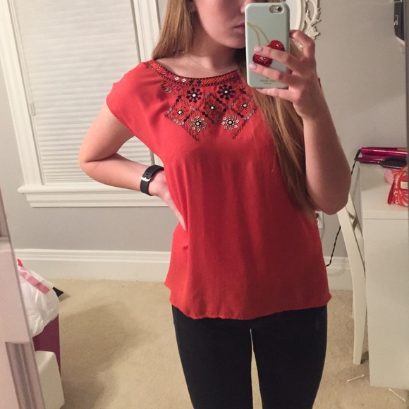 Francesca's Orange Embellished Blouse - Picture 1 of 4
