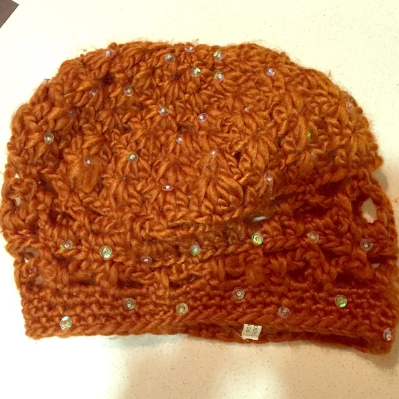 Orange knitted sequin beanie cap new