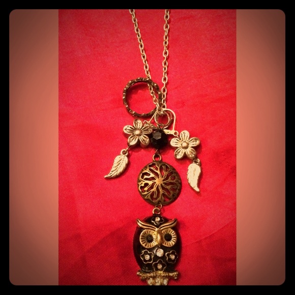 Owl & flowers heart ring charm necklace