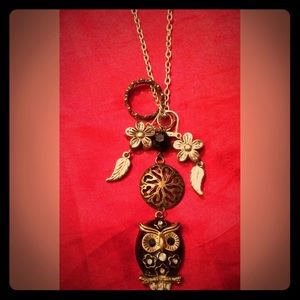 Owl & flowers heart ring charm necklace