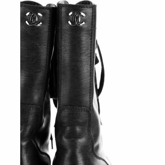 Chanel black leather short combat boots