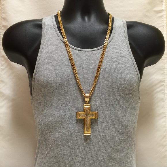 24K Gold Layered Large Cross CZ Pendant Necklace - Picture 1 of 4