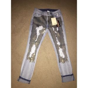 Distressed Sequin Capris