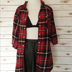 Distressed Plaid Short Sleeve Long Button Up