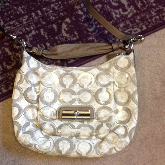 Coach Handbags - Signature Coach Bag. Tan and White with Sequins