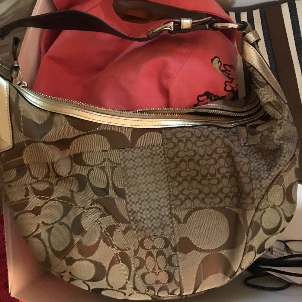 Coach gold and tan shoulder boat shaped bag
