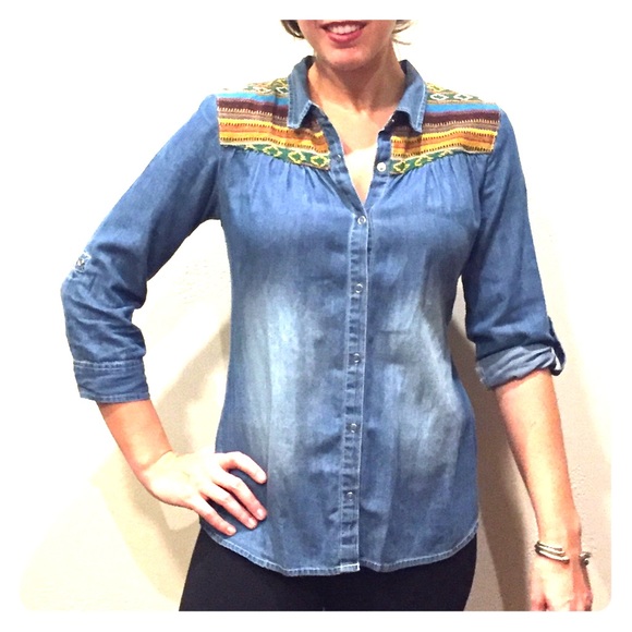 Chambray Snapfront Blouse with Mexican Fabric