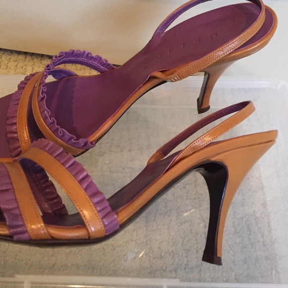 NW Celine purple ruffle tan leather sandal heels - Picture 3 of 4