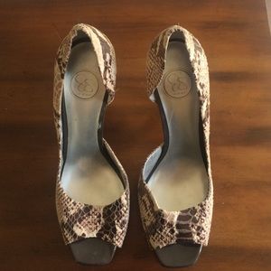 Jessica Simpson snake skin peep toe pumps.