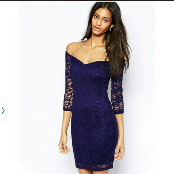 Dark blue n pink lace off shoulder dress small new - Picture 2 of 3