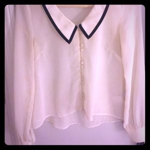Sheer white blouse with black velvet laced collar