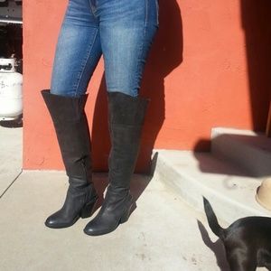 Black genuine leather thigh high boots