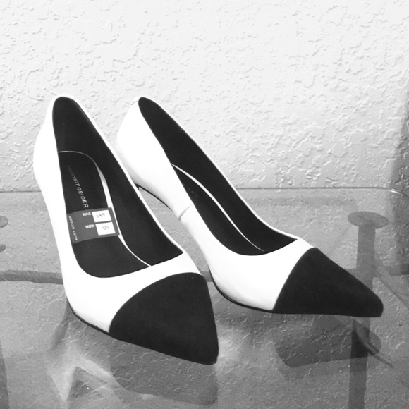 Kurt Geiger black suede and white leather heels.