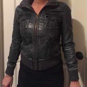 Distressed faux leather bomber
