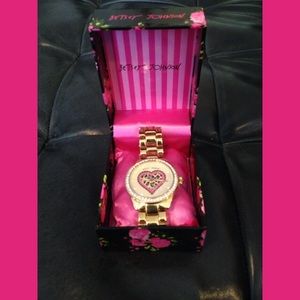 Gold tone, leopard heart, crystal watch and box