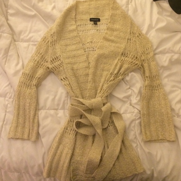 BEBE winter white with gold sparkles wrap sweater
