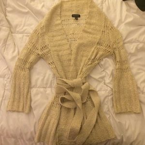 BEBE winter white with gold sparkles wrap sweater