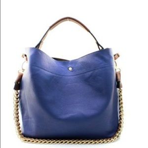 Blue and brown satchel