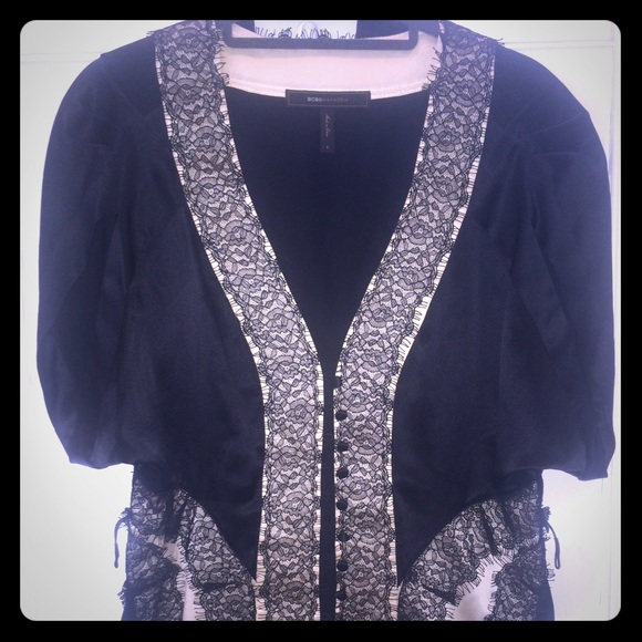 BCBGMaxAzria Tops - BCBG black/cream hook and eye button silk top