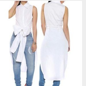 White button Up shirt neck sleeveless high low
