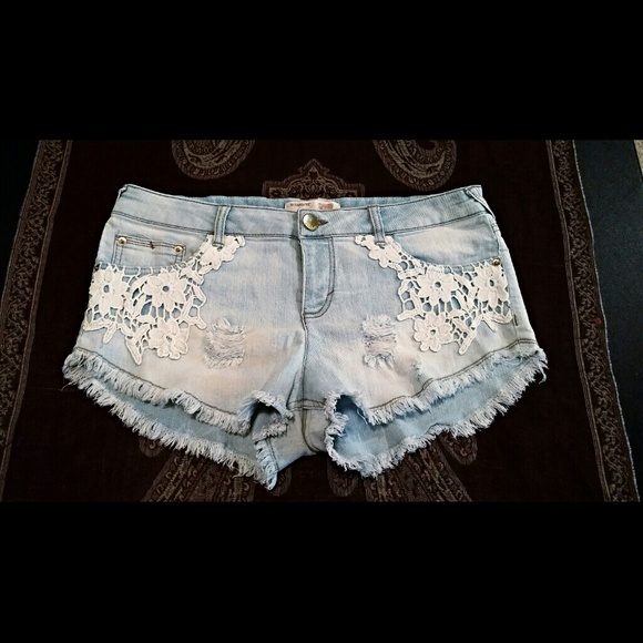 Mid-Rise Crochet Knit Denim Cutoff Shorts