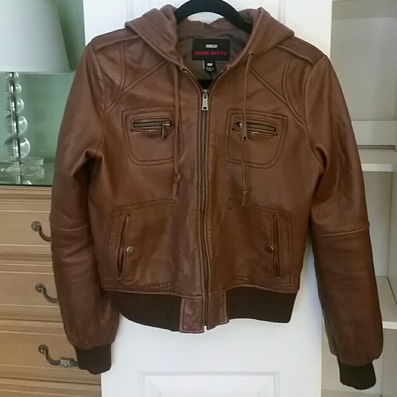 Miss Sixty Jackets & Blazers - Miss Sixty Brown Leather Hooded Bomber jacket