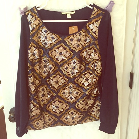 Navy Blue Sequin and Shear Blouse