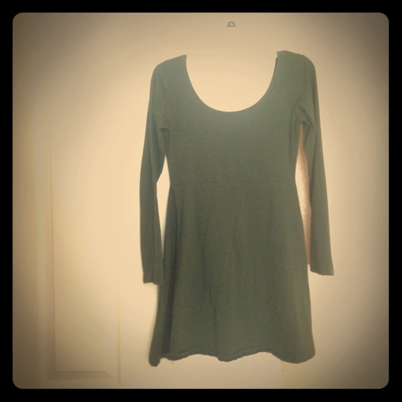 Long-sleeved forest green cotton skater dress