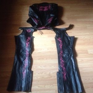 Leather chaps, leather jacket, leather gloves.