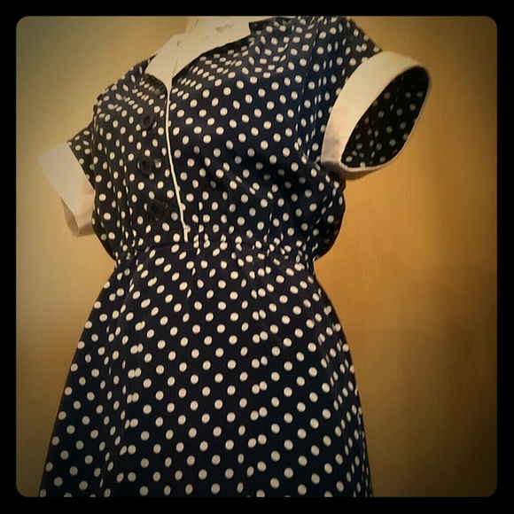 Vintage navy blue dress with white polka dots