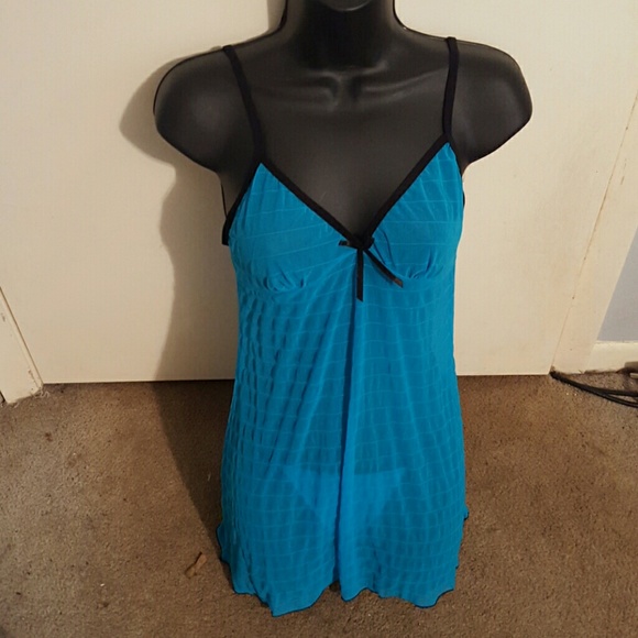 ❤Aqua w/ Black Trim Babydoll & Matching Thong Set❤ - Picture 1 of 4
