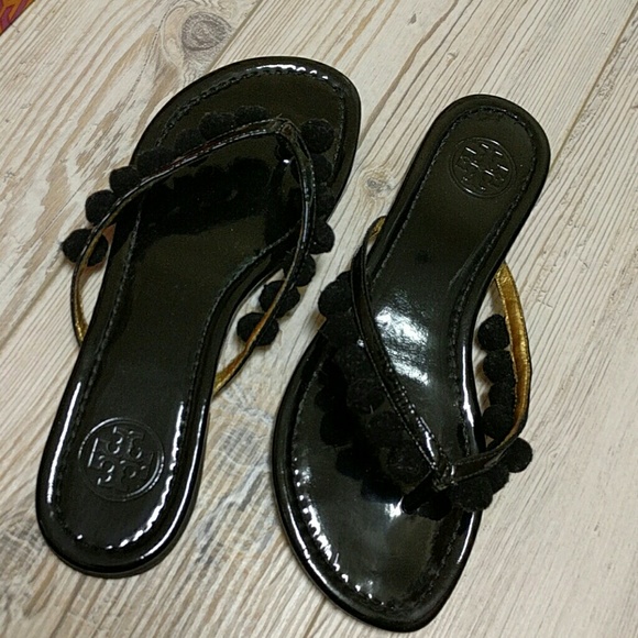 Tory Burch patent leather thongs with pom poms
