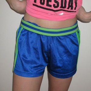 Blue and green workout shorts.