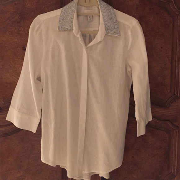 🔴SOLD🔴Chico's White Linen Shirt w/Beaded Collar