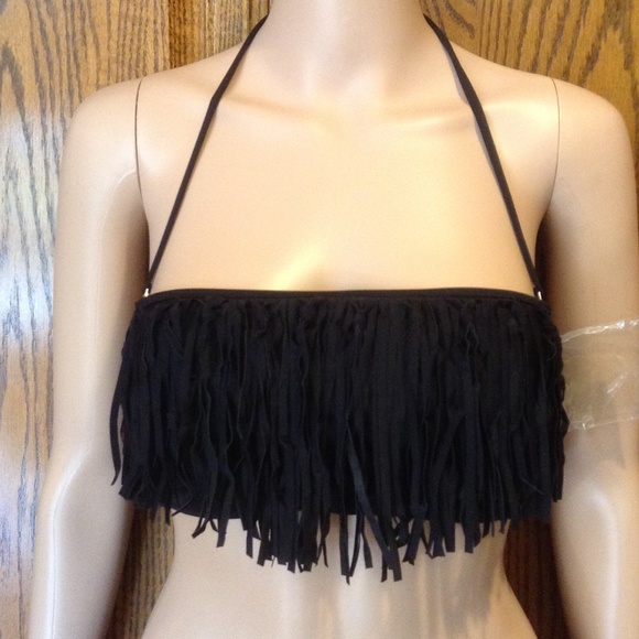 Black Fringed Bandeau Bikini Top - Picture 2 of 5
