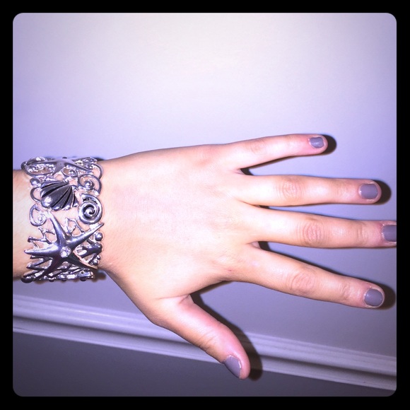 Silver Starfish & Shell Cuff Bracelet