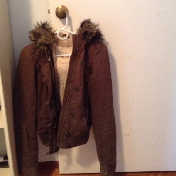 Brown Hollister Jacket with Faux Fur Trim Hood