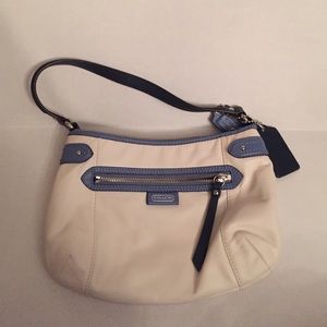 Blue and white mini coach bag