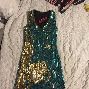 NWT teal and gold sequined minidress