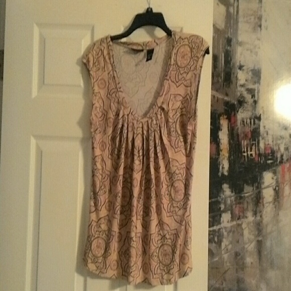 Tan NY&Co. Top with brown and pink pattern.