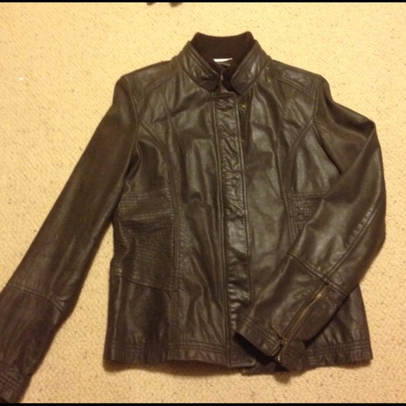 Brown leather jacket with sweater knit collar - Picture 1 of 4