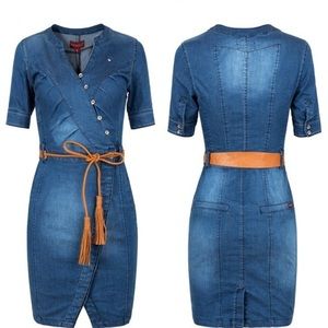 Button down denim dress with gold buttons