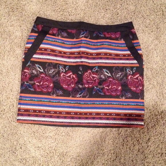 Busy printed mini skirt. Very colorful.