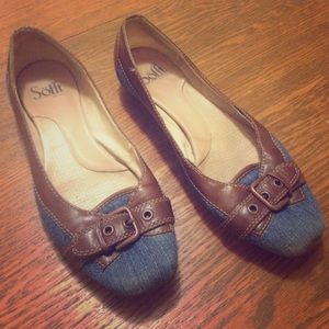 💜Denim and brown leather shoes with buckle💜