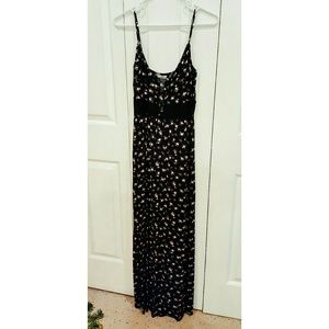 Black Button Up Floral Crochet Waist Maxi Dress