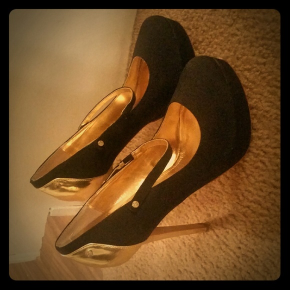 Navy blue and gold high heels