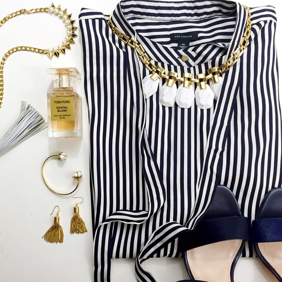 Ann Taylor Tops - White and Navy Tie Neck Blouse