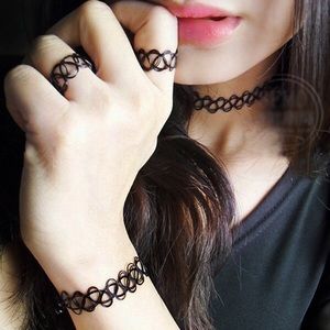 NWT! Black Tattoo choker set w/ bracelet and ring