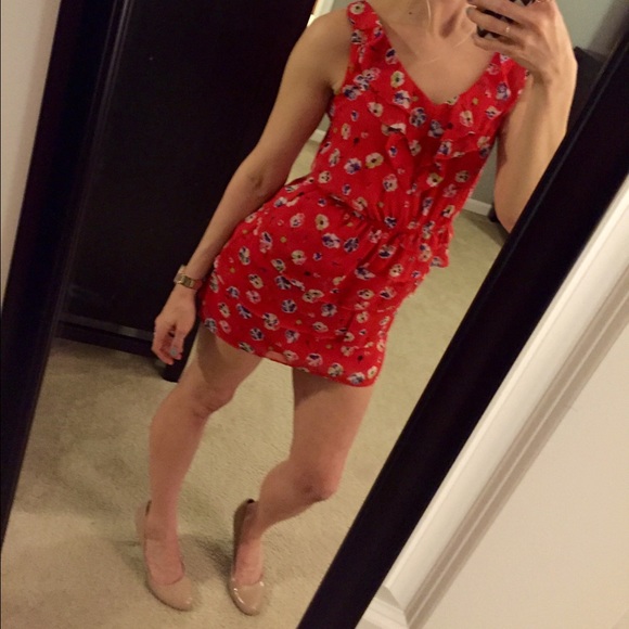 Red Floral Chiffon Ruffle Mini Dress XS
