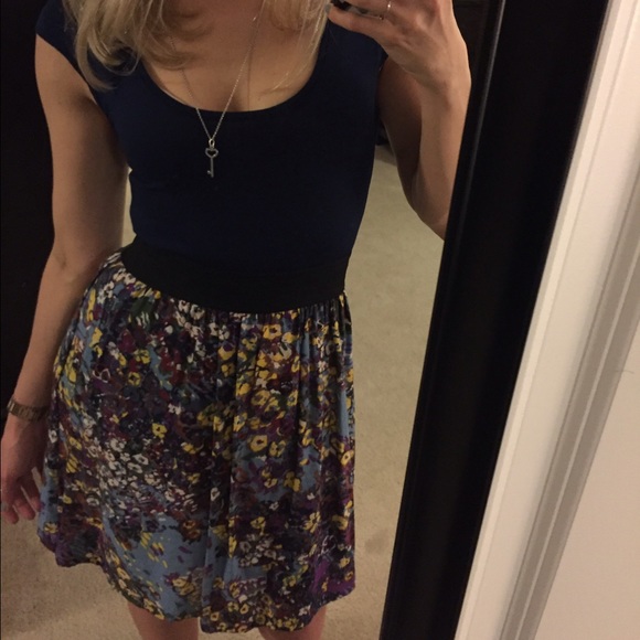 Navy Blue Floral Print Dress S